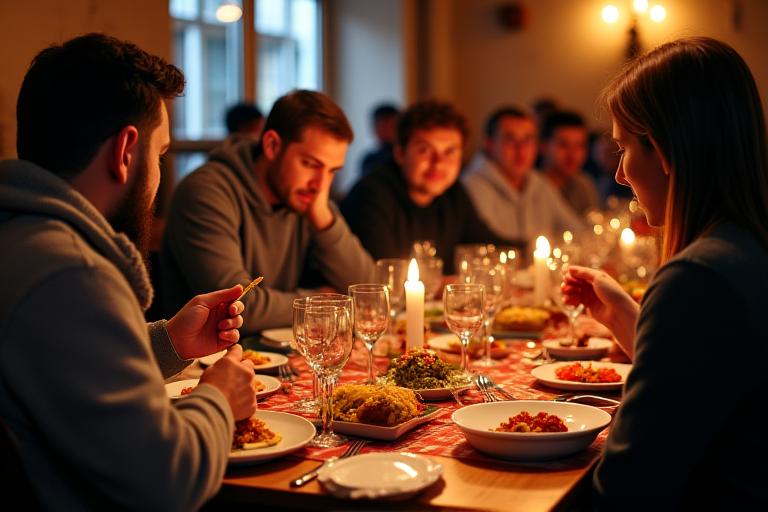 Repas convivial dans un bouchon lyonnais traditionnel