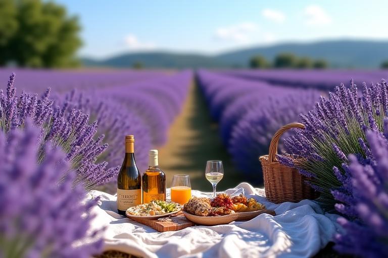 Pique-nique gastronomique dans les champs de lavande en Provence