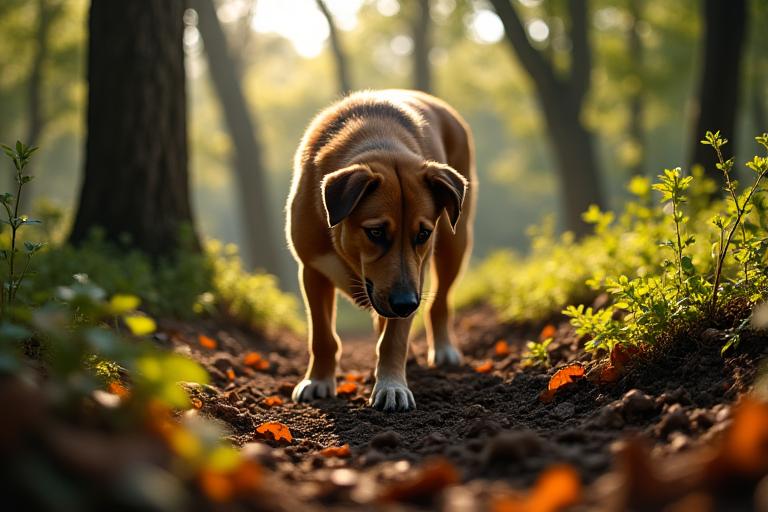 Chien truffier cherchant des truffes dans une forêt